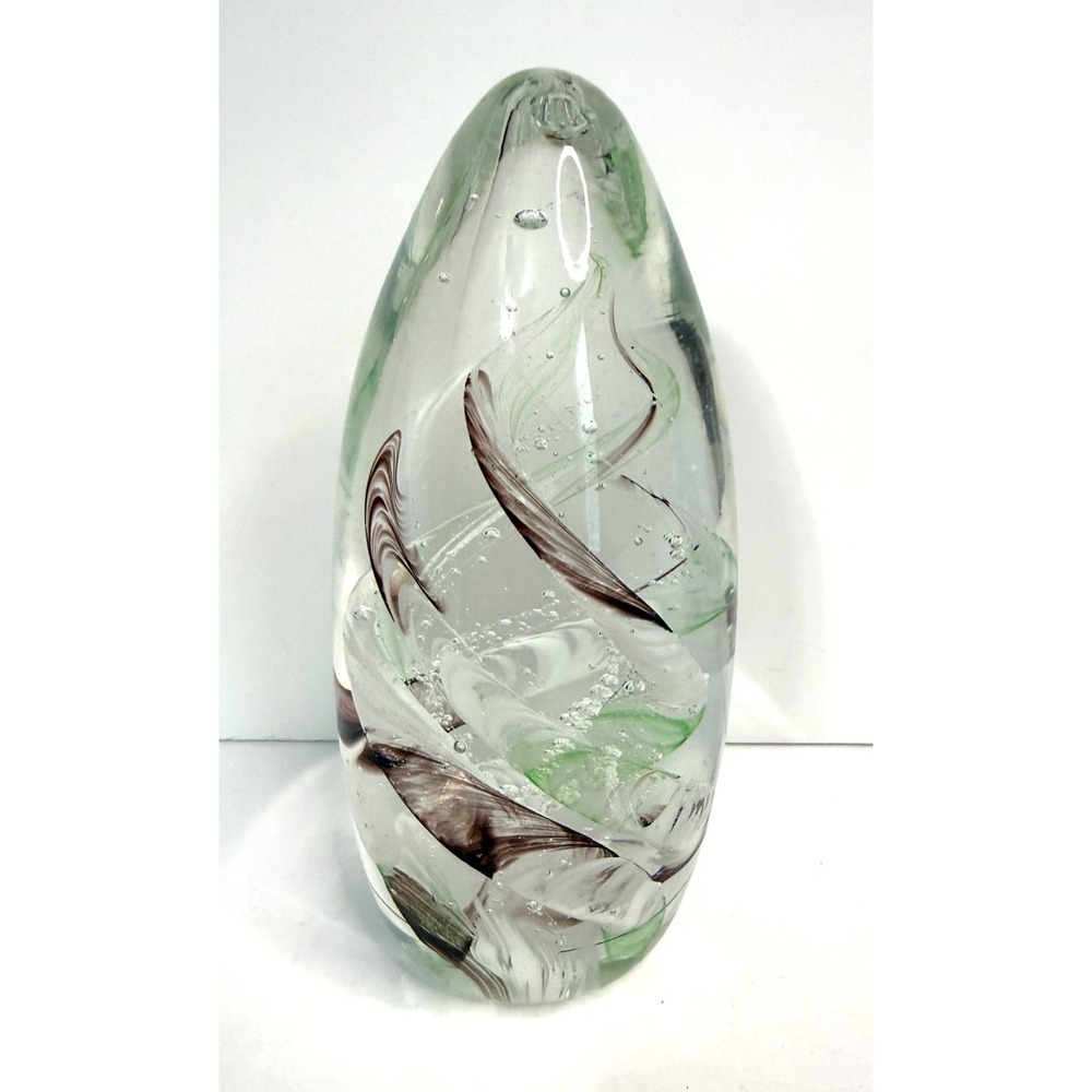 Art Glass Paperweight Studio Hand Blown Swirl Purple White Green Teardrop 5.5"